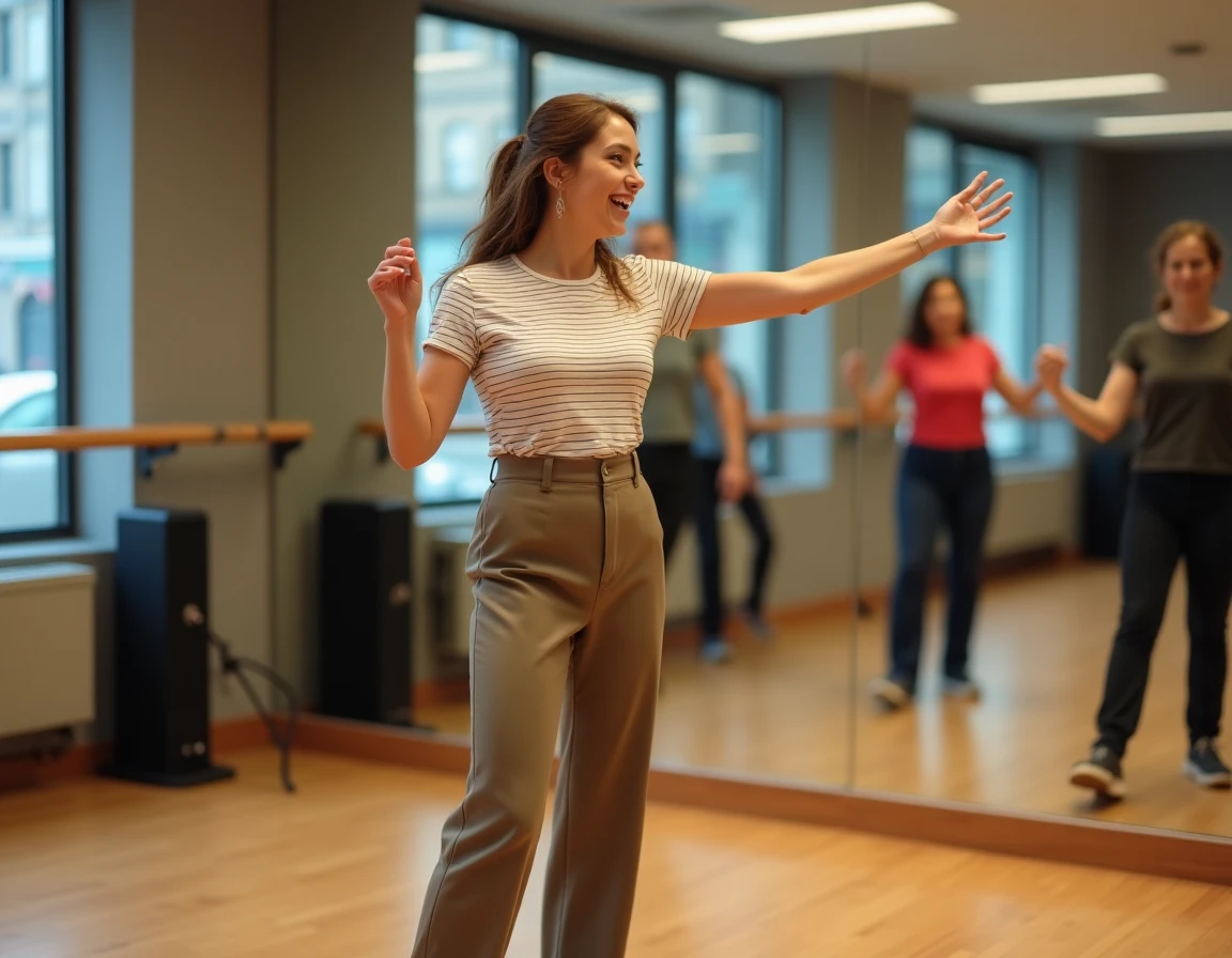 Jeune femme enseignant les pas du madison à un groupe d'adultes dans un studio de danse avec miroirs