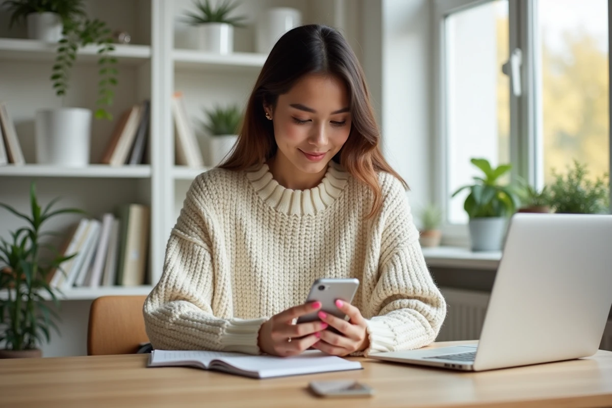 Jeune femme créatrice de contenu consultant son smartphone dans un bureau Scandinave, illustrant la gestion des réseaux sociaux comme Instagram et X