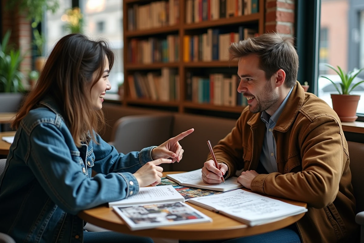 Deux passionnés de manga débattant des vérités et rumeurs sur les Titans Primordiaux autour de volumes ouverts dans un café librairie