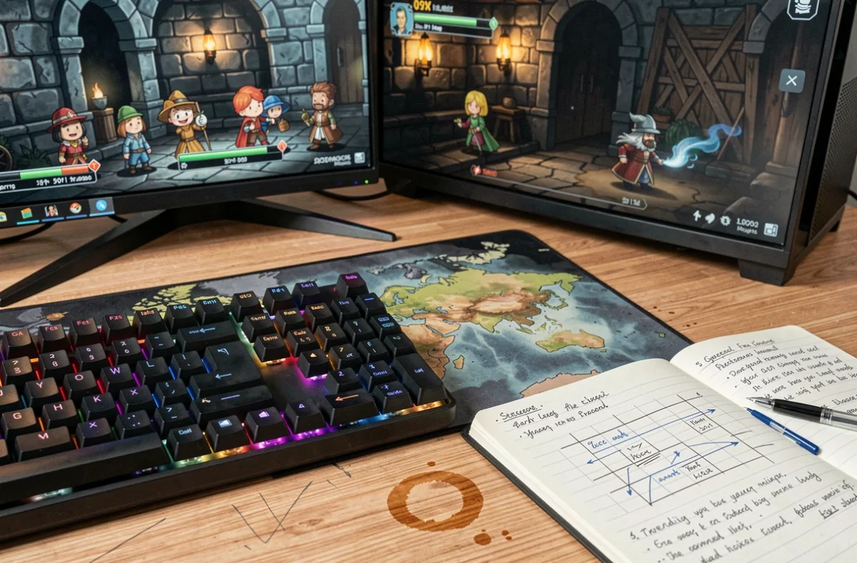 Gros plan d'un bureau gaming avec clavier mécanique, carnet de stratégie et écran affichant un donjon de jeu MMORPG fantasy