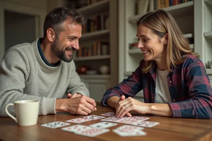 Deux adultes jouant à la crapette autour d'une table en bois dans un appartement cosy, jeu de cartes disposé devant eux