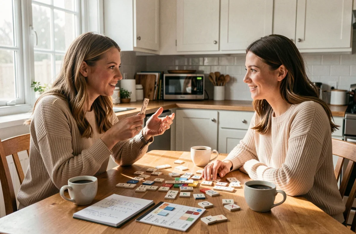 Deux joueuses discutant d'une erreur de vocabulaire lors d'une partie de jeu de plateau type indice pedantis à une table de cuisine