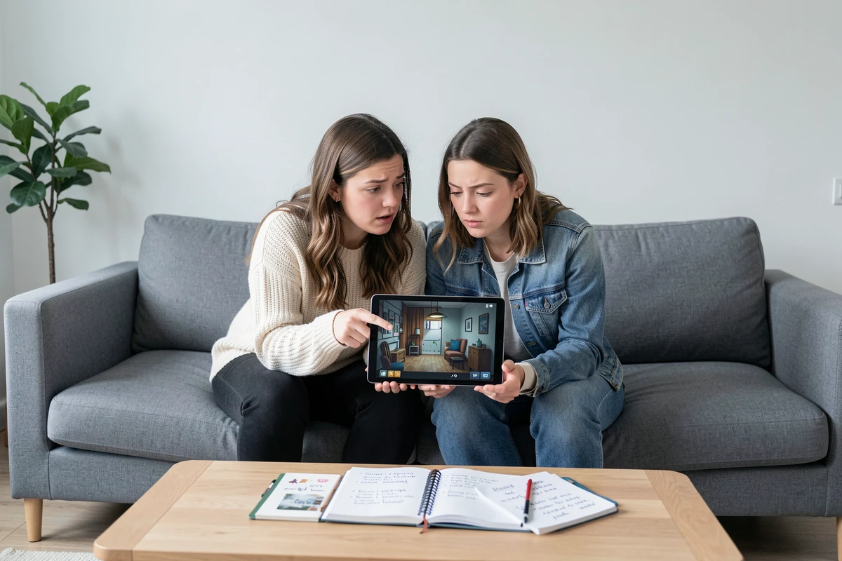 Deux joueuses cherchant la solution d'une énigme sur Rooms And Exits ensemble