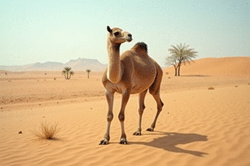 Dromedaire dans le desert aride en plein jour