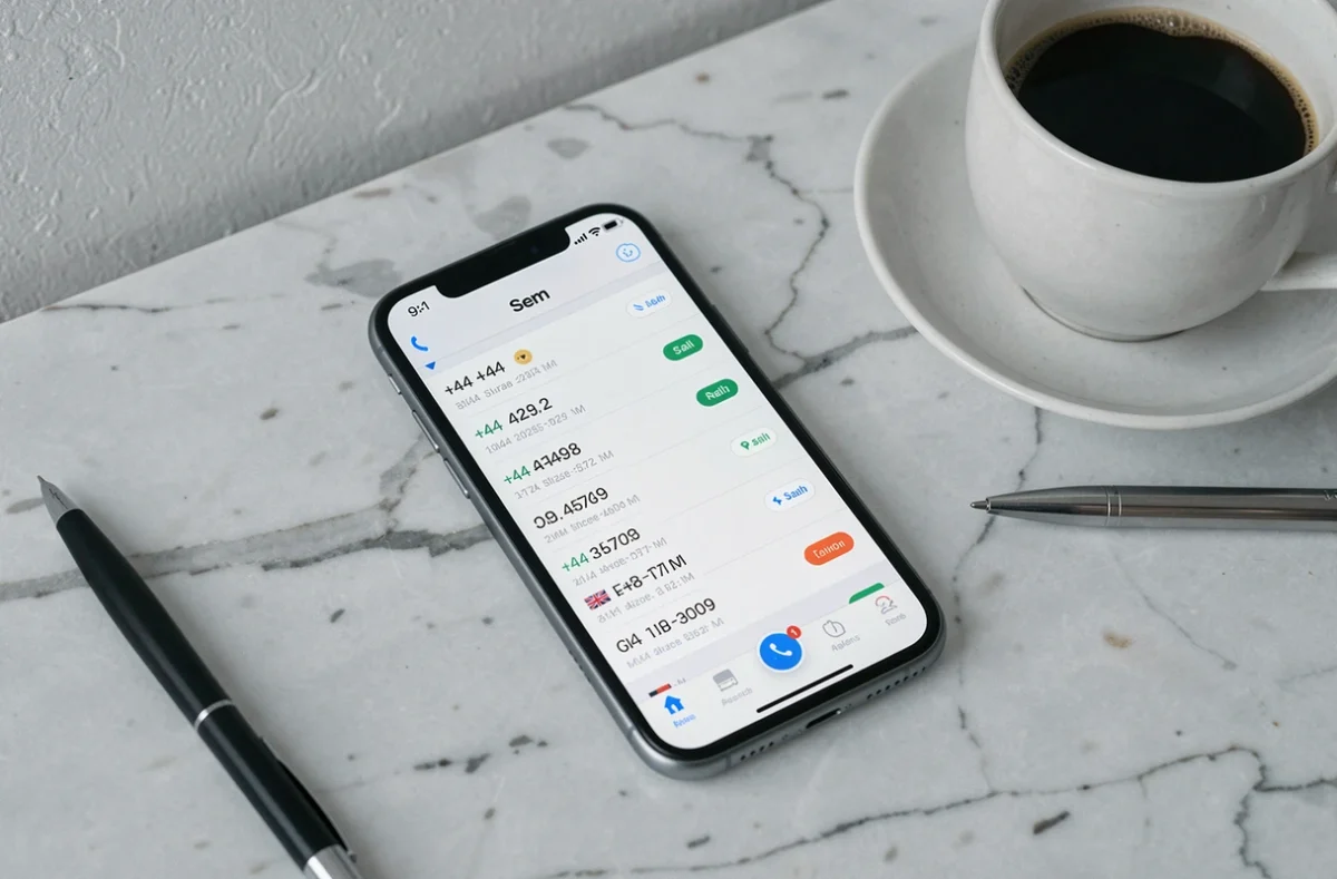 Écran de smartphone affichant un journal d'appels avec des numéros internationaux commençant par l'indicatif +44 du Royaume-Uni
