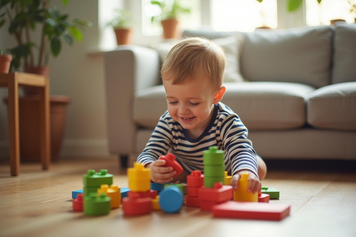 Garçon de 3 ans jouant avec des blocs colorés dans le salon