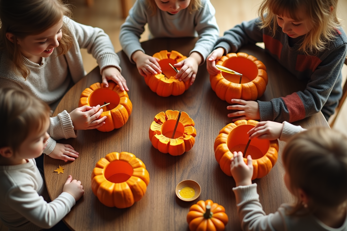 Enfants et adultes décorant des mini citrouilles en famille