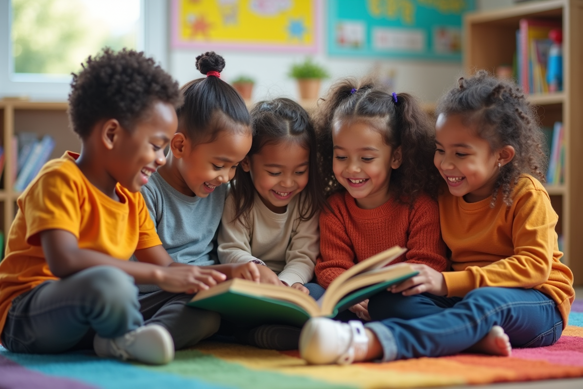Enfants de 6 à 9 ans partageant un livre en classe