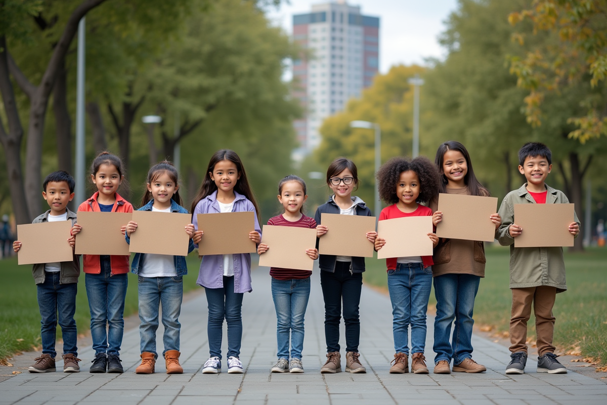 Enfants et adulte avec des pancartes symbolisant l