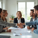 Groupe de personnes souriantes autour d'une table avec plans immobiliers