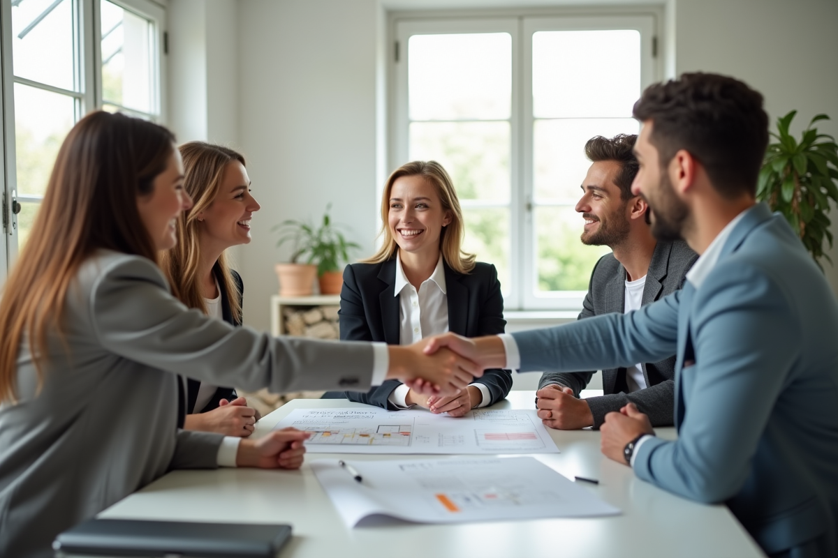 Groupe de personnes souriantes autour d'une table avec plans immobiliers