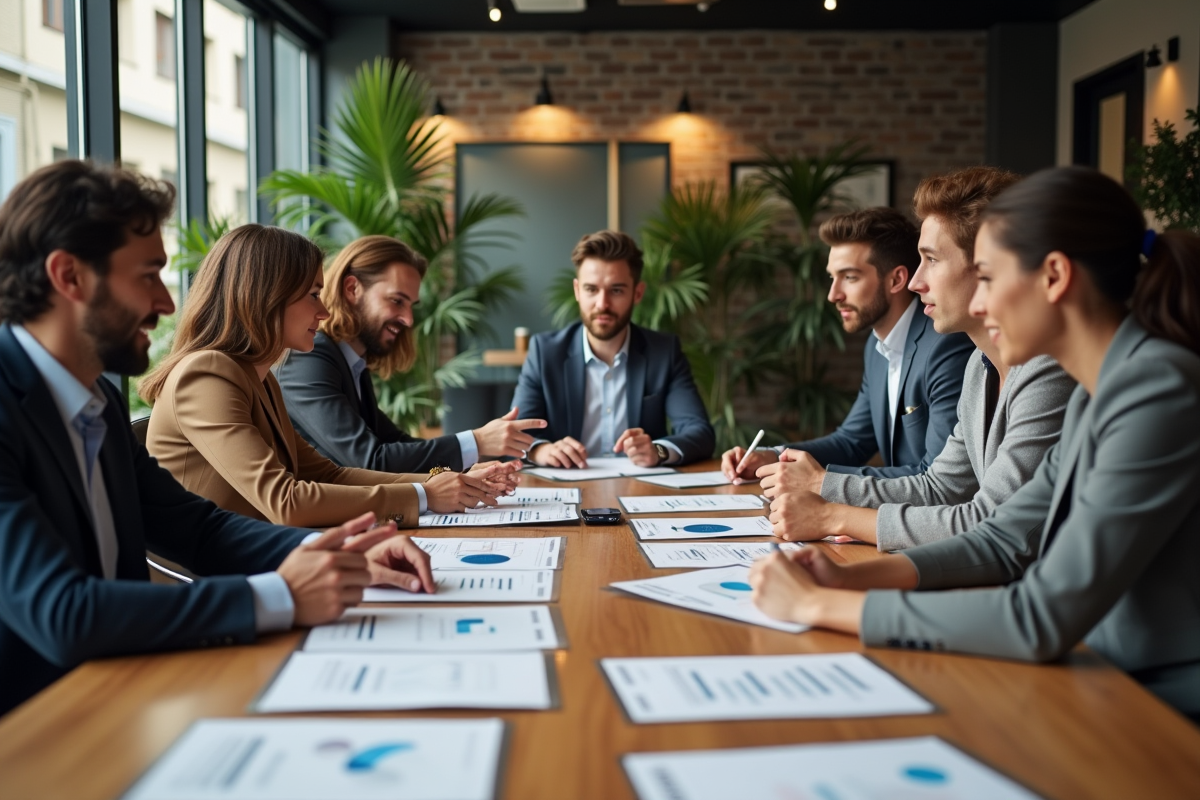 Groupe de jeunes professionnels discutant autour d