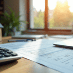 Espace de travail moderne avec documents financiers et calculatrice
