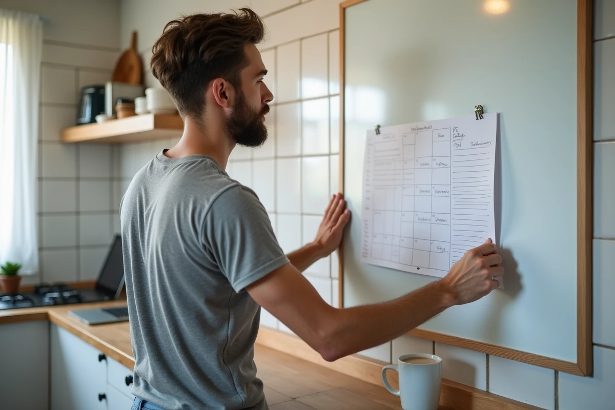Étudiant accrochant un planning mensuel imprimé sur un tableau blanc dans sa cuisine d'appartement