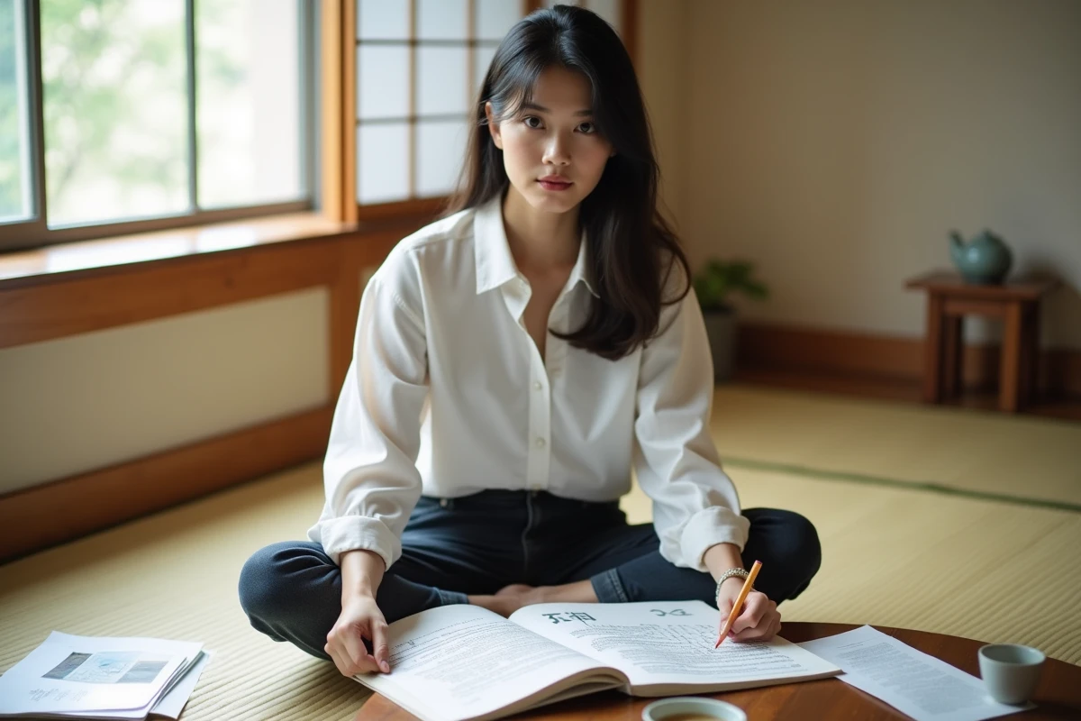 Étudiante résolvant un mot croisé sur les villes du Japon en 5 lettres dans une pièce traditionnelle japonaise