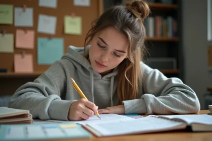 Étudiante utilisant un planning mensuel imprimé à son bureau encombré de notes et de manuels scolaires