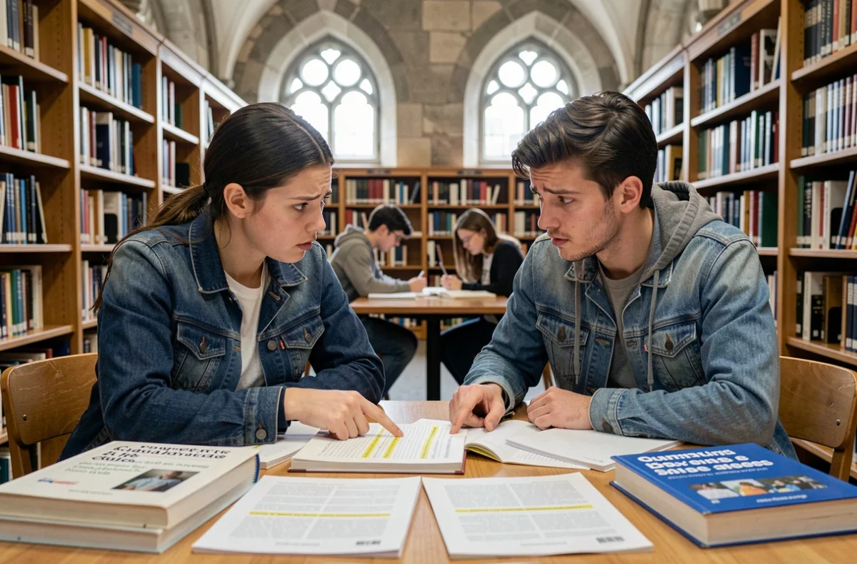 Deux étudiants universitaires perplexes analysant ensemble des exercices de conjugaison française dans une bibliothèque