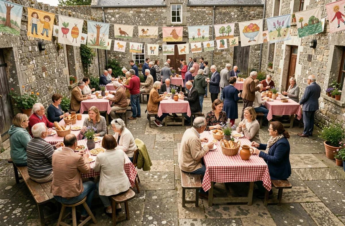 Événement communautaire en plein air dans la cour en pierre du Kerfent avec des bénévoles et visiteurs attablés autour de repas locaux