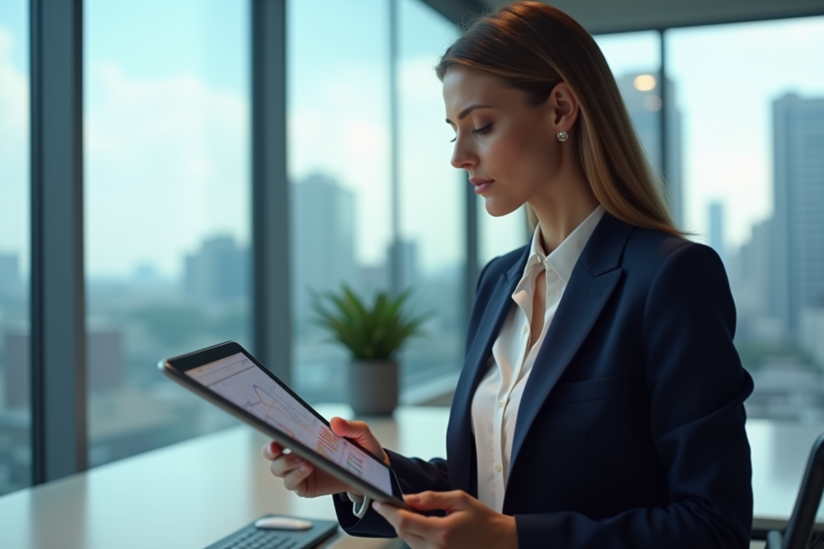 Femme cadre en costume bleu examinant un classement sur tablette