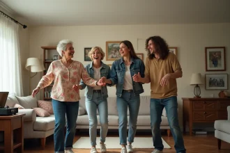 Famille multigénérationnelle dansant le madison ensemble dans un salon chaleureux avec parquet en bois