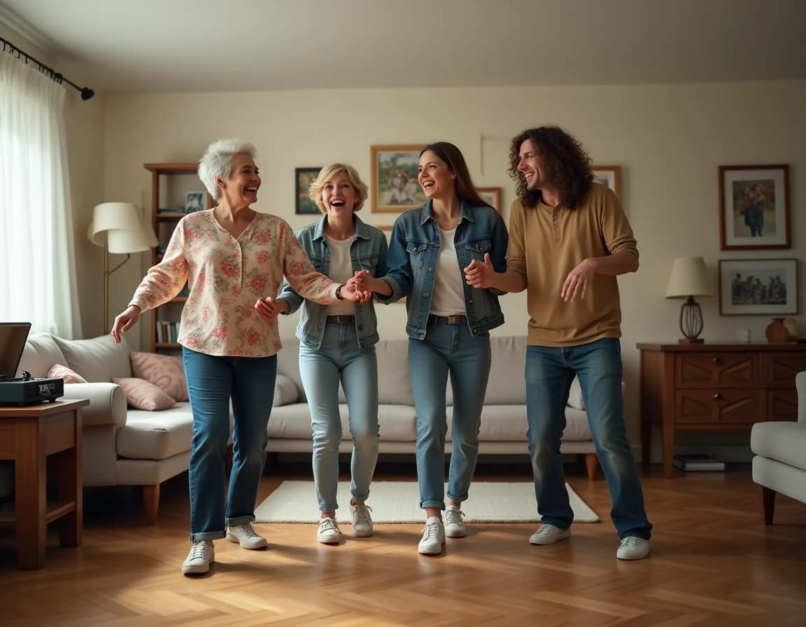 Famille multigénérationnelle dansant le madison ensemble dans un salon chaleureux avec parquet en bois