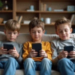 Jeune garçon en famille avec tablettes et téléphone