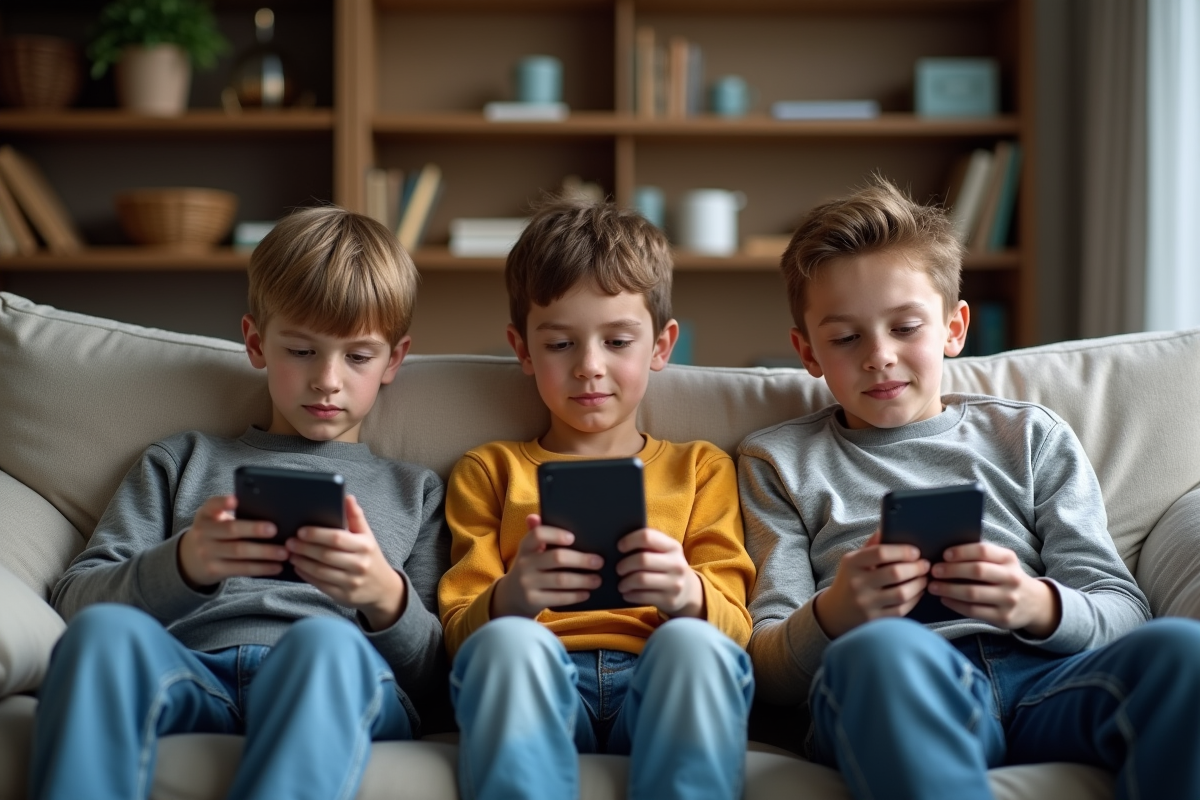 Jeune garçon en famille avec tablettes et téléphone