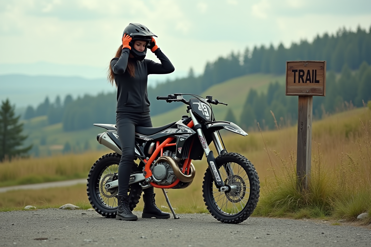Jeune femme ajustant son casque sur une moto tout-terrain