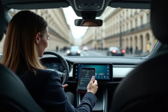 Femme d affaires dans une voiture autonome à Paris