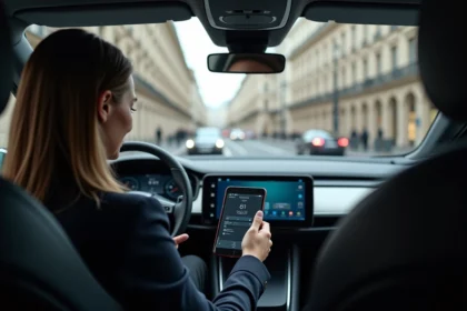 Femme d affaires dans une voiture autonome à Paris