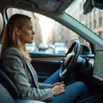 Femme d'âge moyen dans une voiture autonome moderne