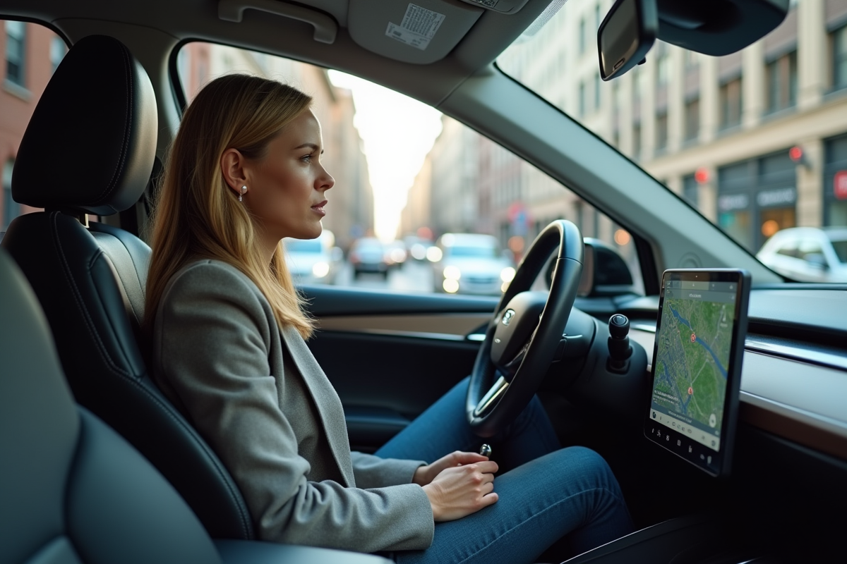 Femme d'âge moyen dans une voiture autonome moderne