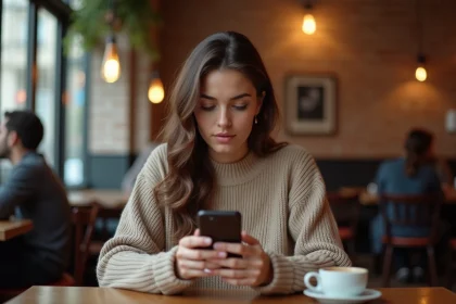 Femme lisant des avis Google sur son smartphone dans un café lillois, illustrant la recherche d'avis sur le Joy Club Lille