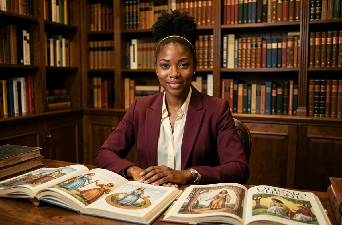 Femme intellectuelle consultant des livres de mythologie grecque dans une bibliothèque, référence aux héroïnes inspirées des déesses antiques
