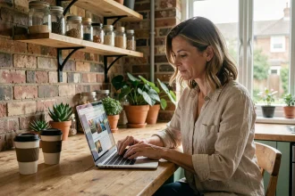 Femme consultant un blog sur la transition énergétique depuis sa cuisine écologique et moderne