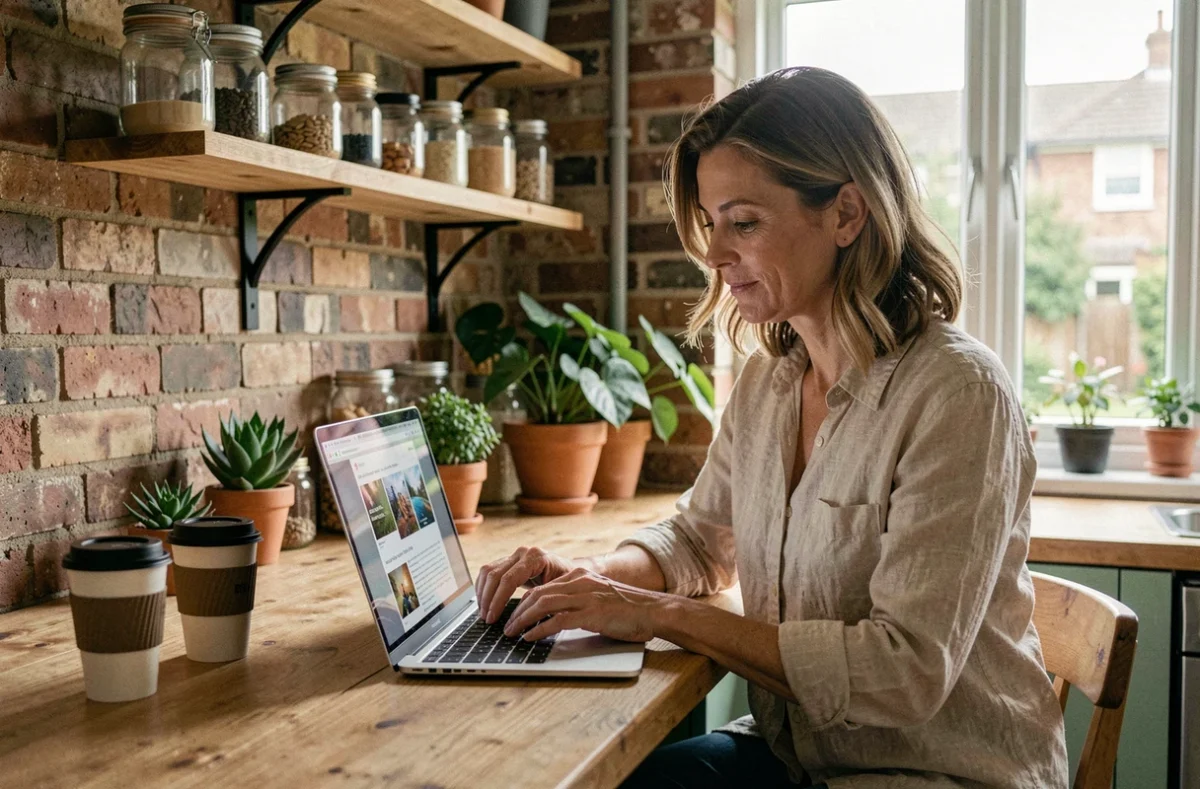 Femme consultant un blog sur la transition énergétique depuis sa cuisine écologique et moderne