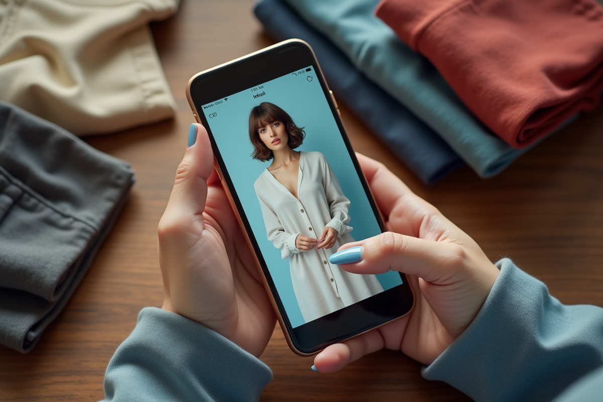 Femme tenant smartphone en parcourant une application de vêtements