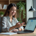 Jeune femme au bureau interagissant avec un chatbot