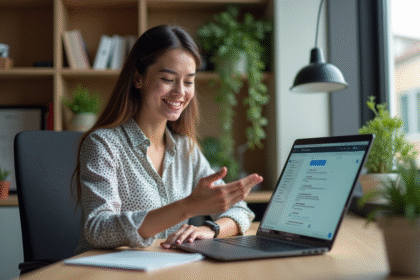 Jeune femme au bureau interagissant avec un chatbot