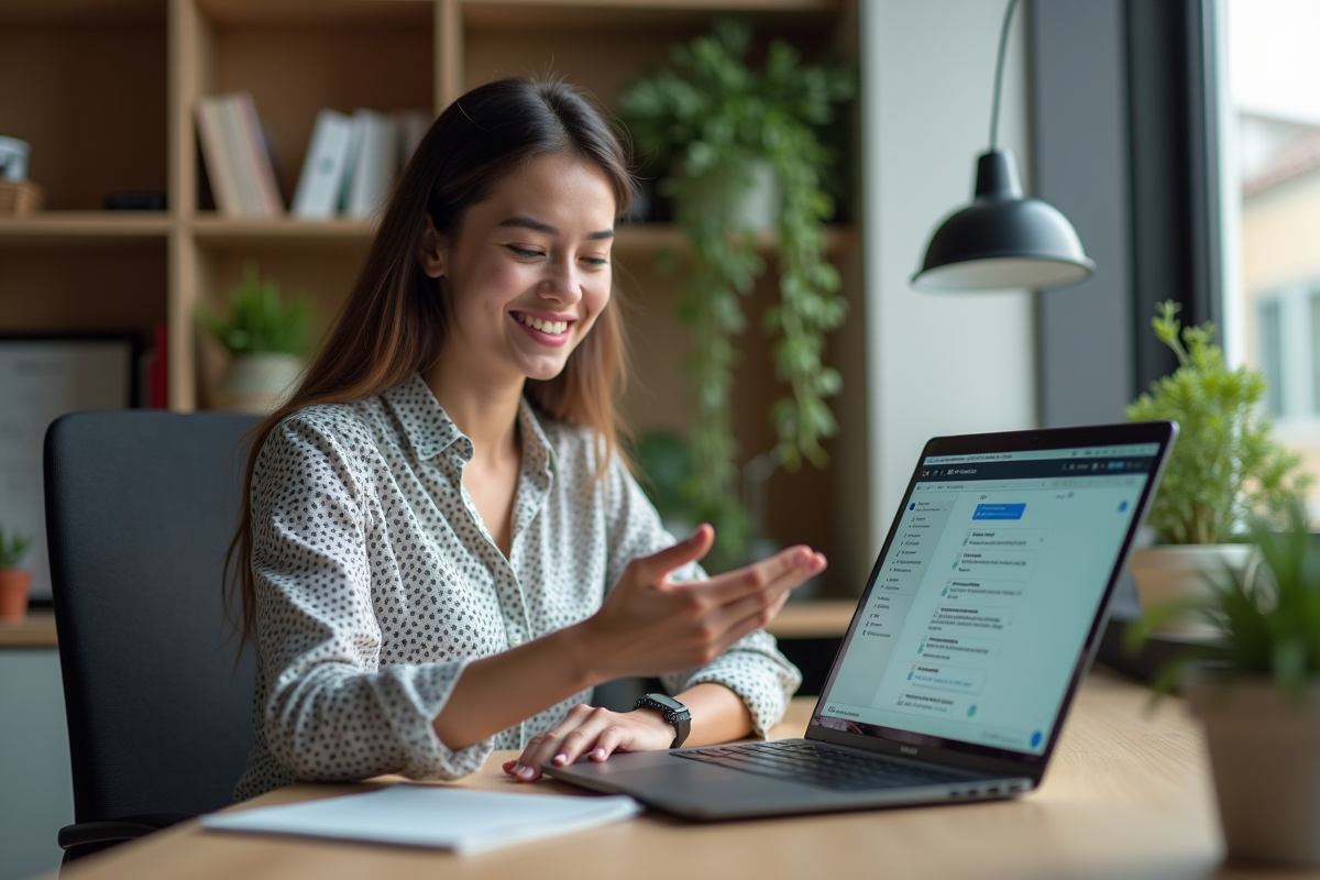 Jeune femme au bureau interagissant avec un chatbot