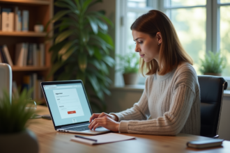 Femme professionnelle tapant son email dans un bureau lumineux