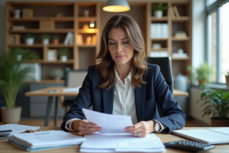 Femme d'affaires en bureau moderne examinant des papiers