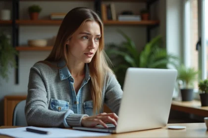 Jeune femme au bureau regardant son ordinateur portable