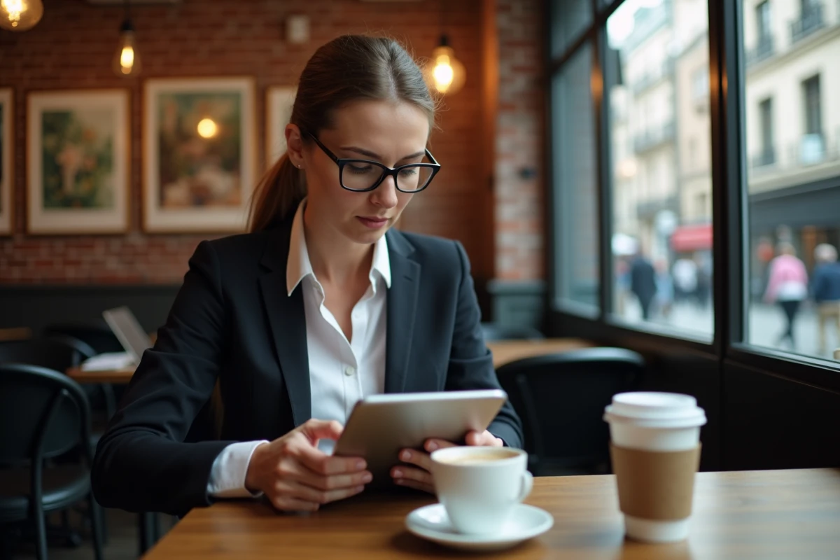 Femme d affaires utilisant une tablette dans un café animé