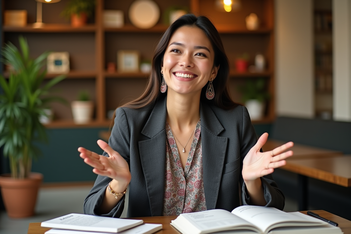 Jeune femme souriante dans un café avec livres et notes