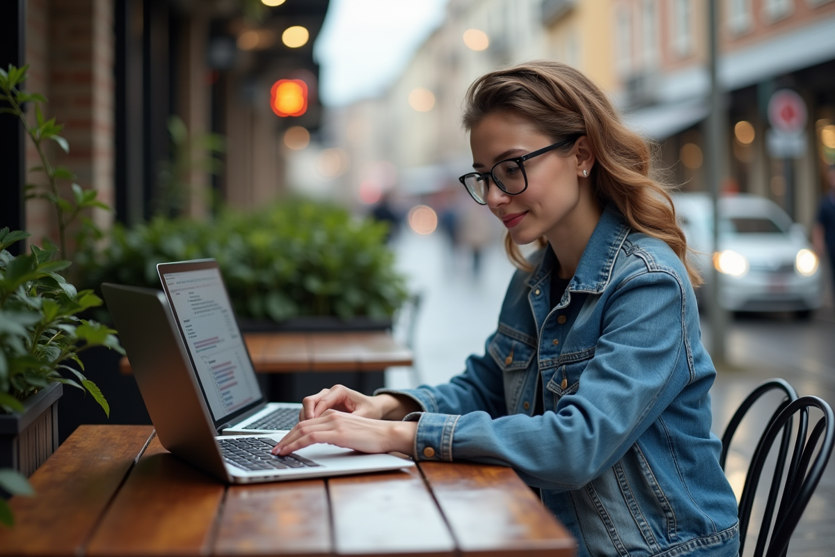 Jeune femme compare des diagrammes blockchain sur ses laptops en extérieur