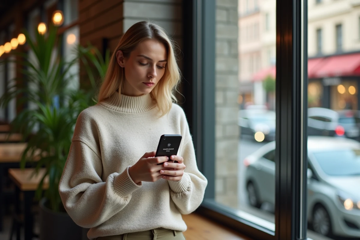 Femme dans un café urbain tenant un smartphone avec erreur Monopoly