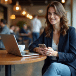 Femme parlant dans un café avec ordinateur portable
