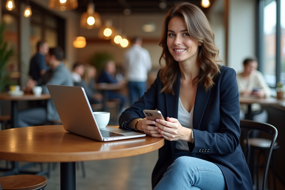 Femme parlant dans un café avec ordinateur portable