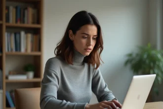 Femme consultant les paramètres de confidentialité sur un ordinateur portable, illustrant les risques liés à la vie privée avec les assistants IA comme Rabbit Findr en 2026